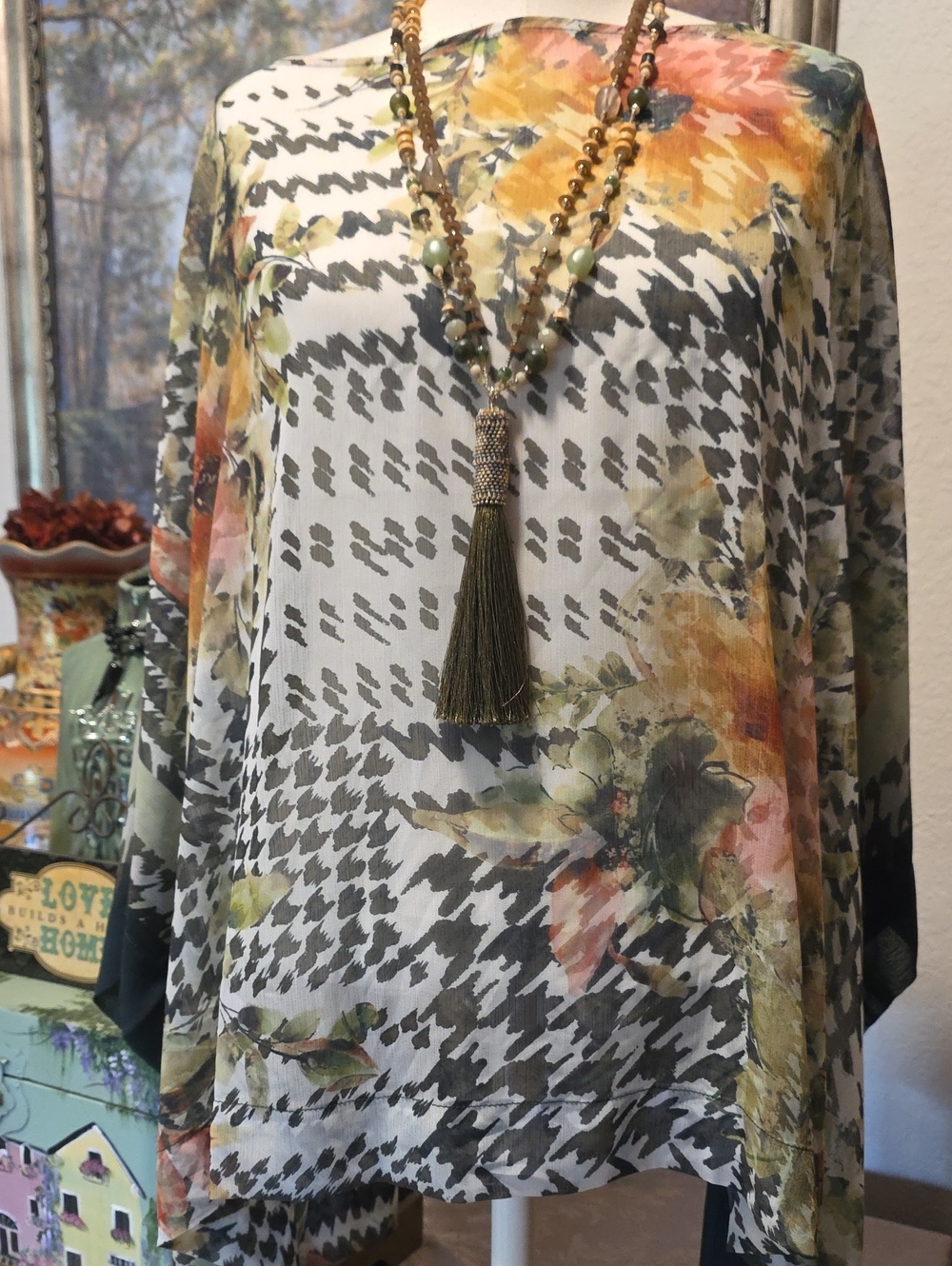 Floral Houndstooth Mixed-Print Women’s Top in White, Olive Pine Green and Yellow